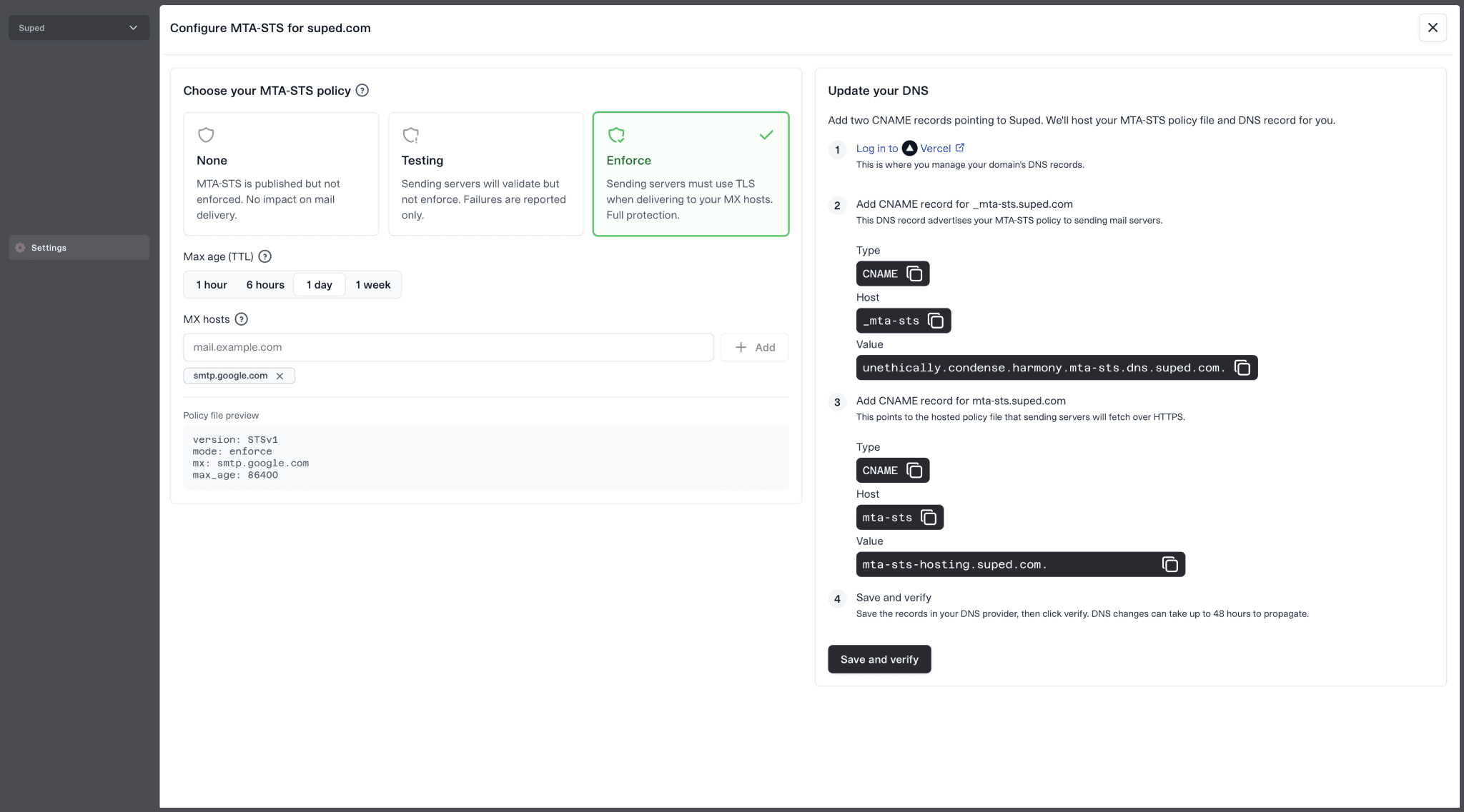 Hosted MTA-STS configuration and policy management